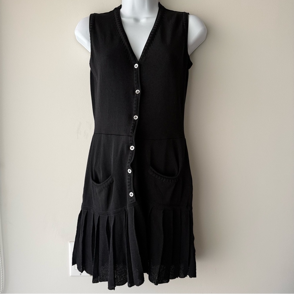 NICOLE MILLER Black Vintage Dress Knit Button Front Pleated Hem Petite Academia